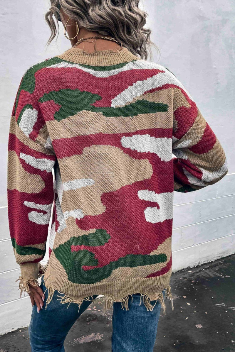 Multicolored V-Neck Distressed Drop Shoulder Sweater