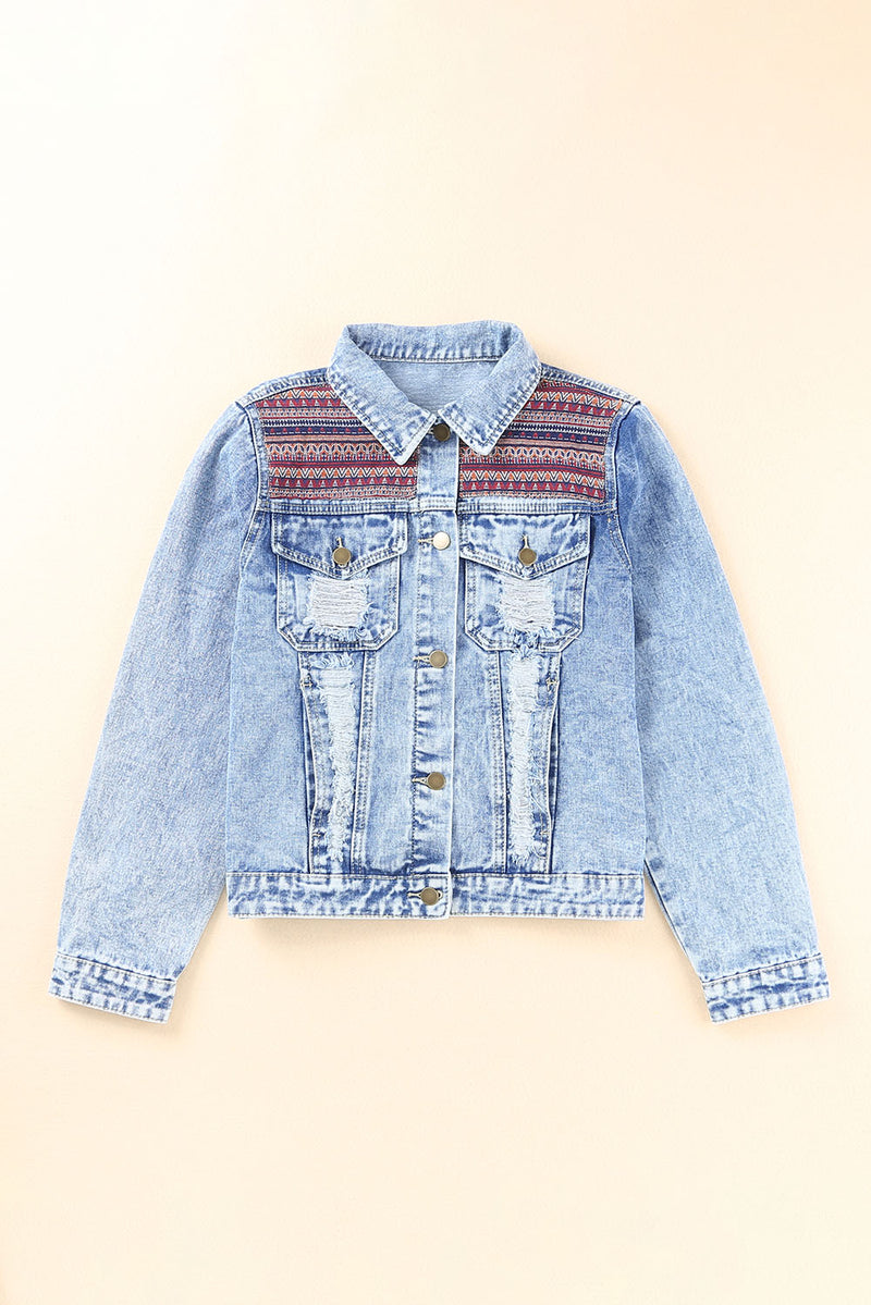 Printed Distressed Denim Jacket