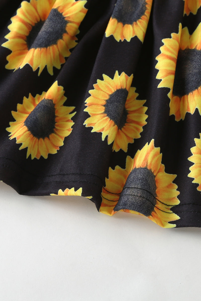 Girls Ruffle Shoulder Sunflower Pattern Dress