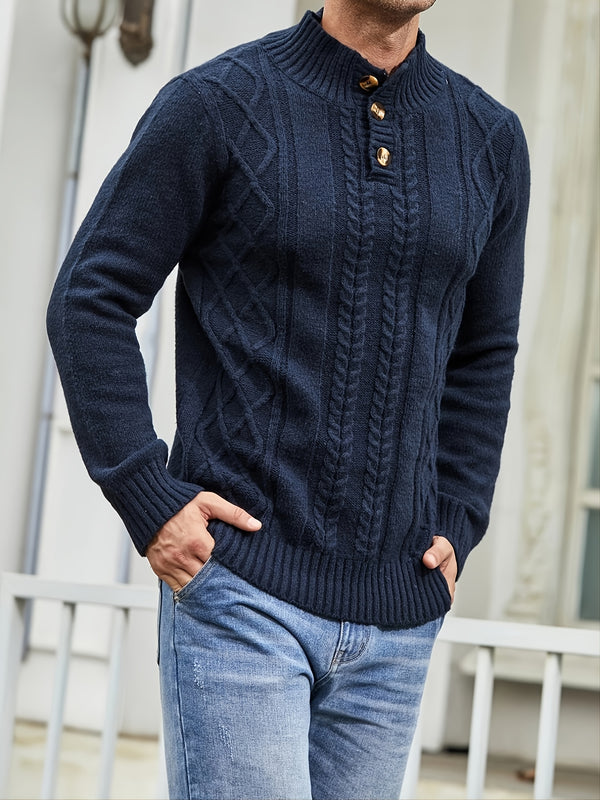 Men's Cable Knit Button Retro  Long Sleeve Pullover Sweater