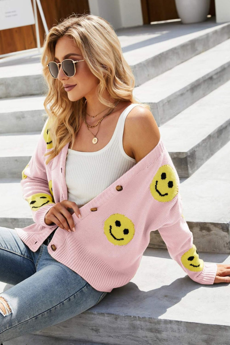 Smiley Face Ribbed Trim V-Neck Cardigan