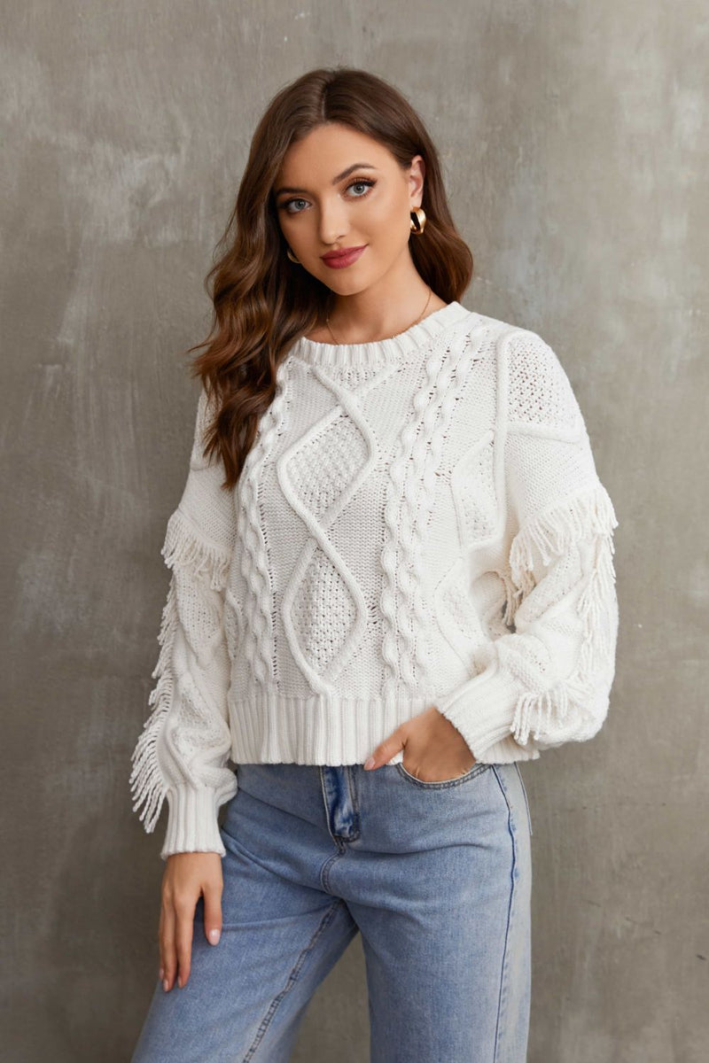 Fringe Trim Mixed Knit Balloon Sleeve Sweater