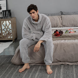 Men'S Zip Collar Coral Fleece Pajama Set