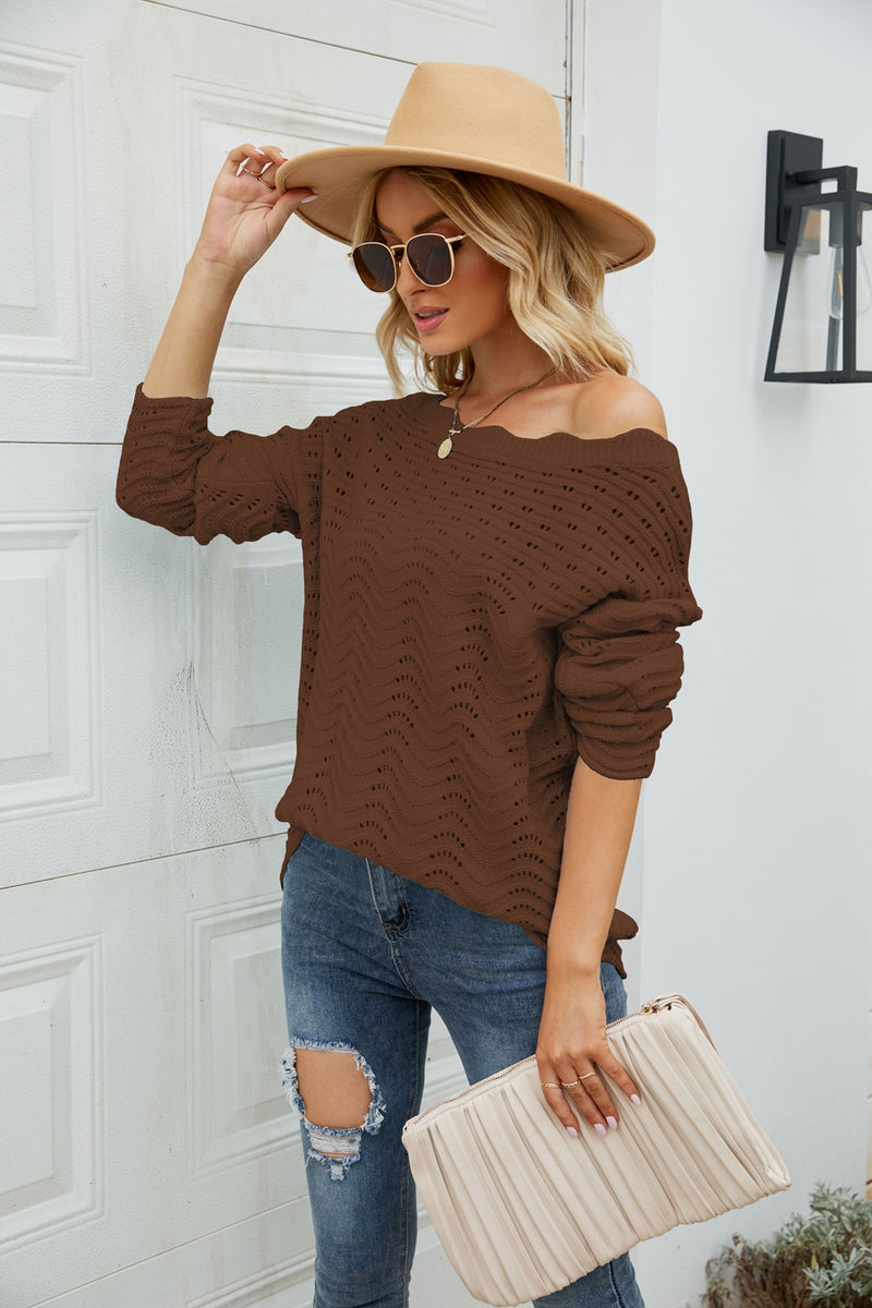 Scalloped Boat Neck Openwork Tunic Sweater