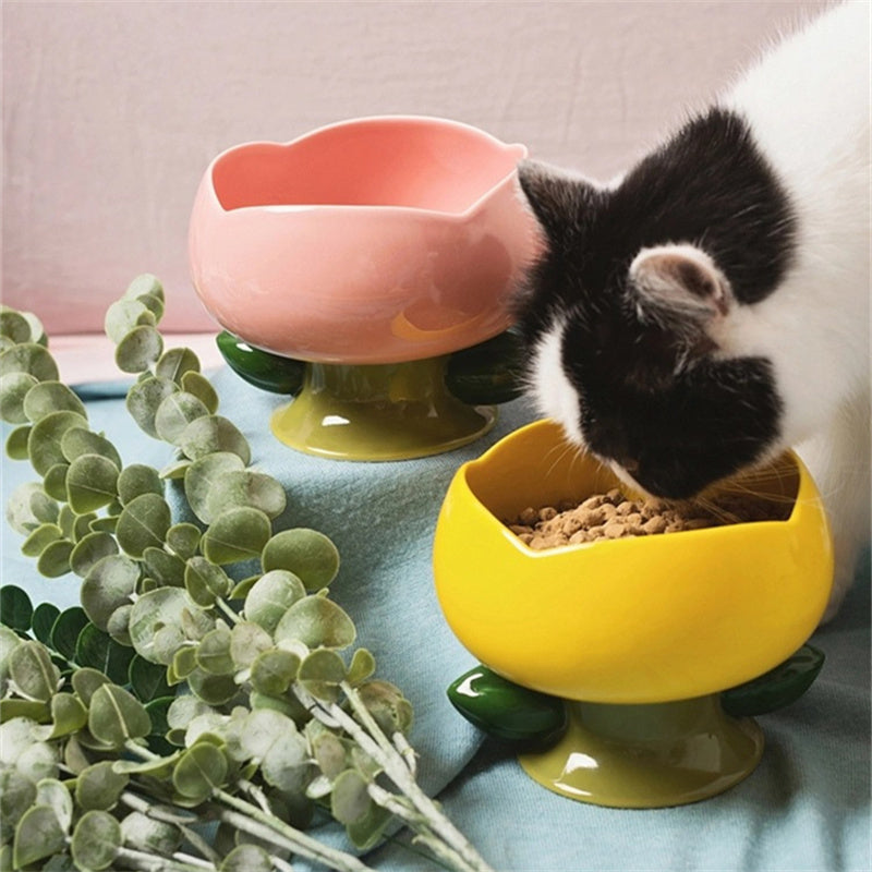 Cat Bowl Pet Flower Ceramic High Foot Food Bowl