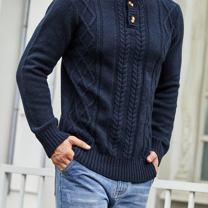 Men's Cable Knit Button Retro  Long Sleeve Pullover Sweater