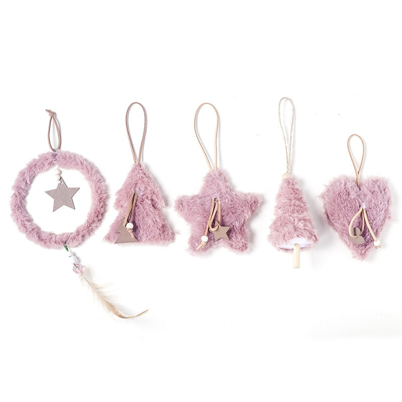 5pcs/set Creative Plush Christmas Tree Hanging Pendant Pink White Heart Star Feather Ornament Christmas Decoration for Home Xmas
