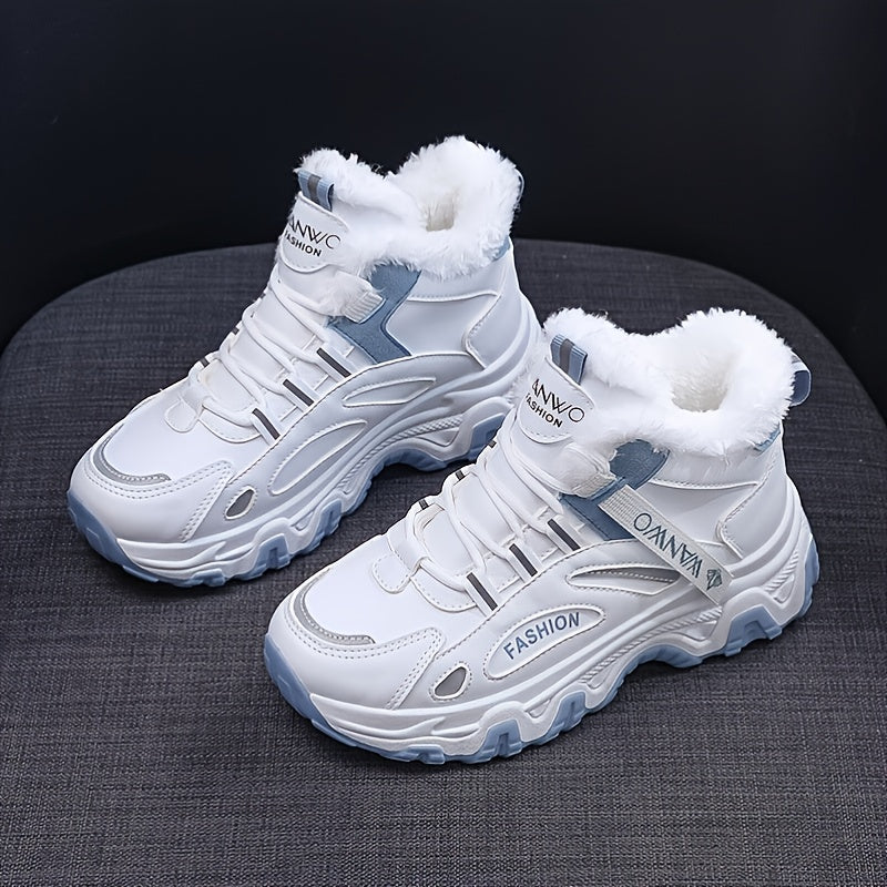 Women's Casual Sneakers, Color-block Thick Sole Chunky Sneakers, Warm Plush Lined Anti-slip Running Shoes