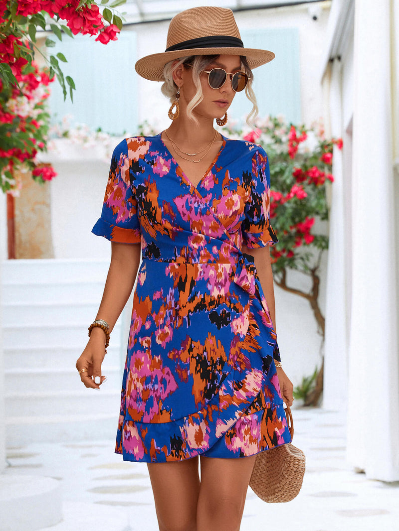 Printed Flounce Sleeve Tied Dress