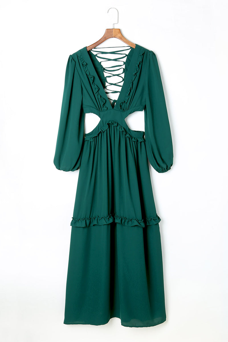 Lace-Up Frill Trim Cutout Puff Sleeve Plunge Dress