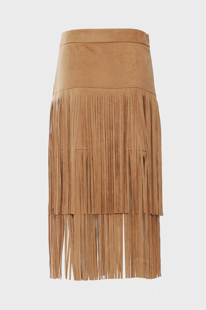 Fringe Detail Faux Suede Midi Skirt