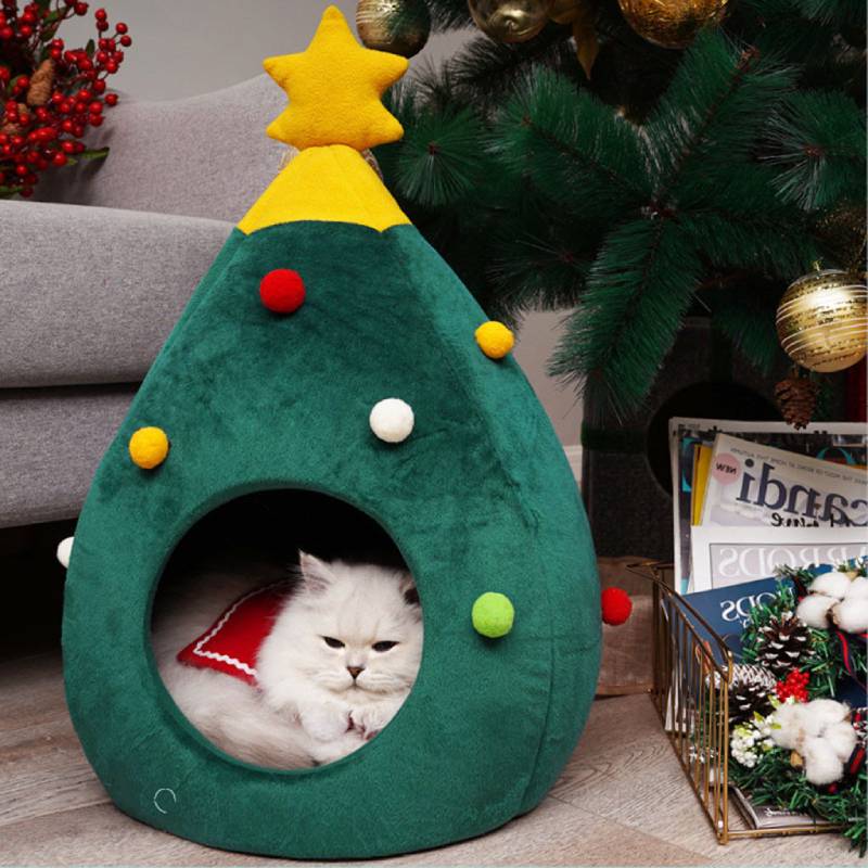 Pet House Cat Christmas Tree Shape Bed Dog Nest Puppy Cave Washable Cat Mat Warm Soft Winter Cat House Pet Supplies Pet Bed