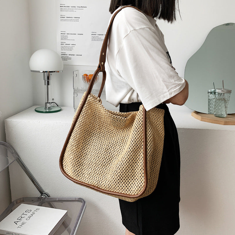 Large Capacity Portable Straw Woven Bag For Women's New Tote Personalized Color Contrast Summer Commuter Bag One Shoulder Woven Bag