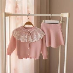 Autumn Winter Children's Sweater Set Girls' Lace Solid Color Long Sweater +Short Skirt 2PCS Girls Clothes Suit