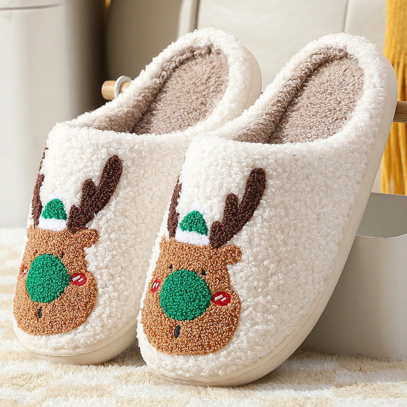 Christmas Elk Cotton Slippers for Women Autumn and Winter Home Couples Warmth Home Fur Slippers