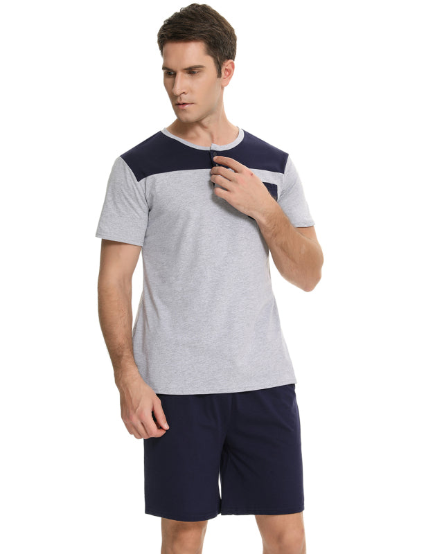 Men's Color Block Henley Collar Short Sleeve Top & Shorts Set, Pajama Loungewear