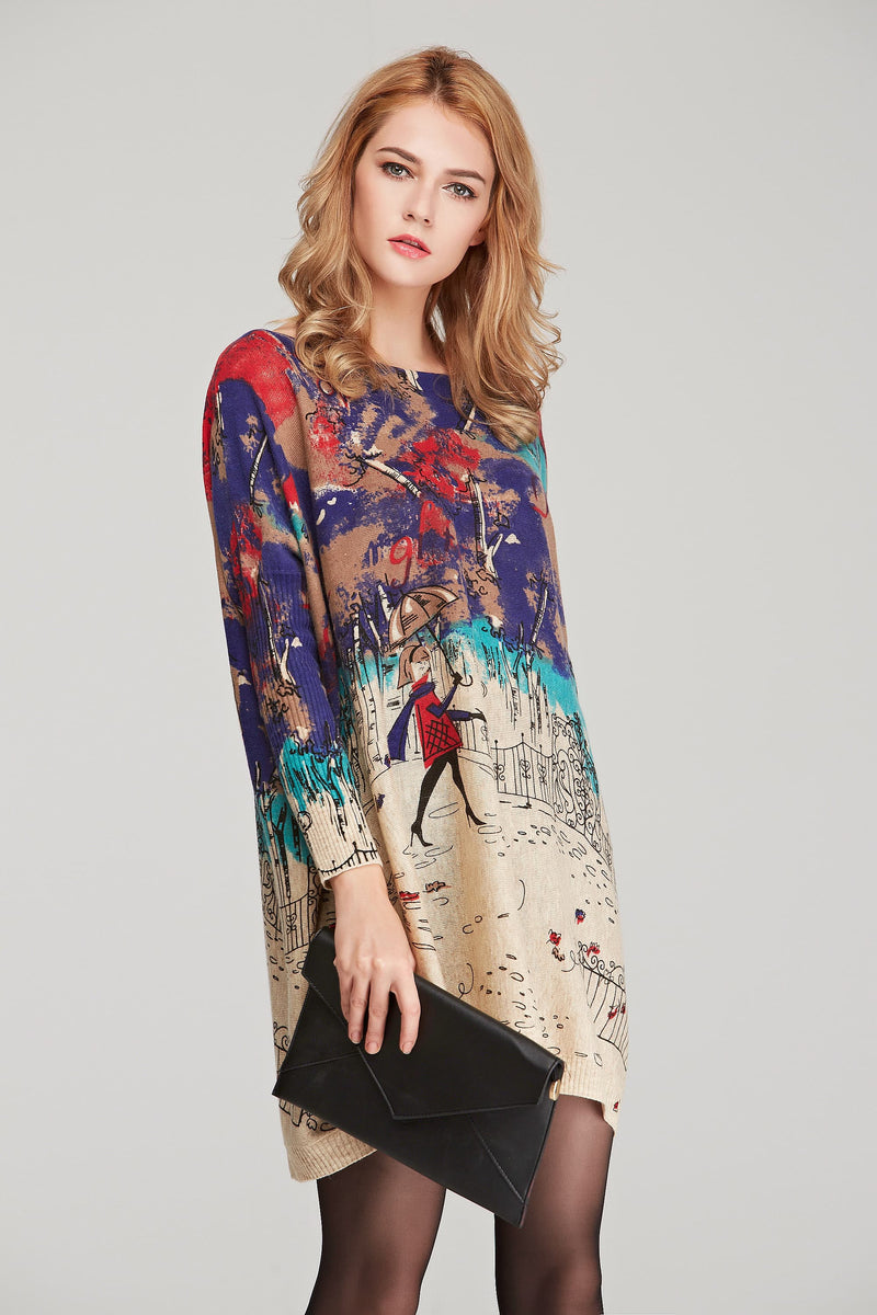 Printed Round Neck Longline Knit Top