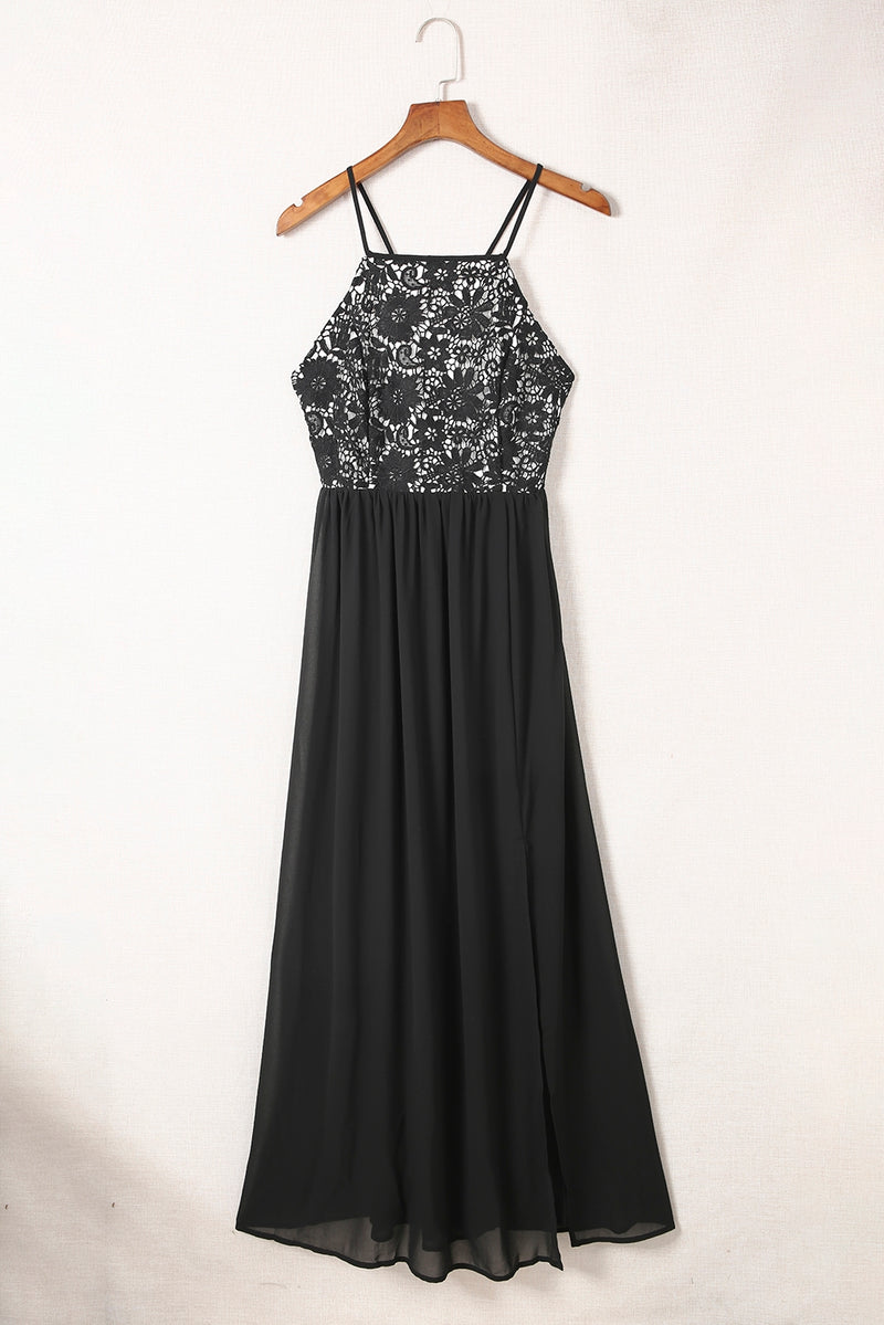 Crisscross Spliced Lace Split Chiffon Maxi Dress