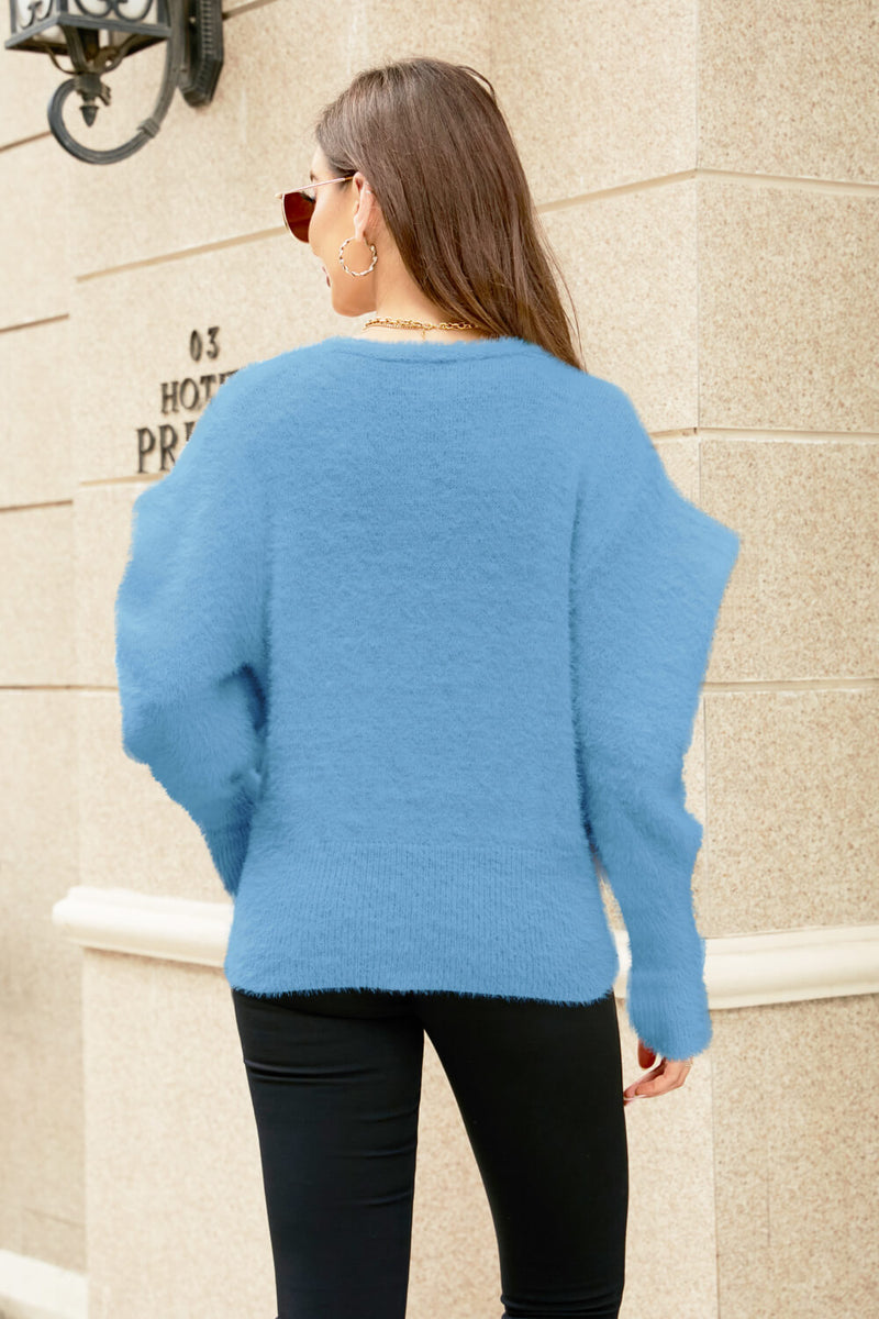 Puff Sleeve V-Neck Fuzzy Cardigan