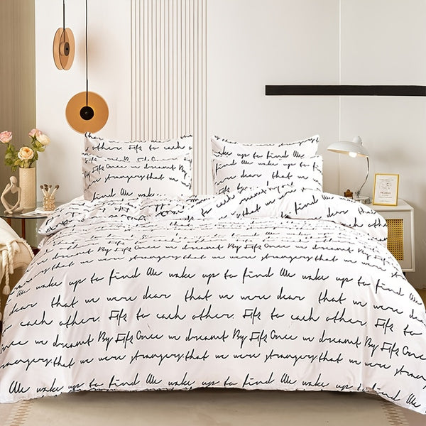 3pcs Love Letter Print Duvet Cover Set (1 Duvet Cover + 2 Pillowcase), Microfiber Bedding For All Season