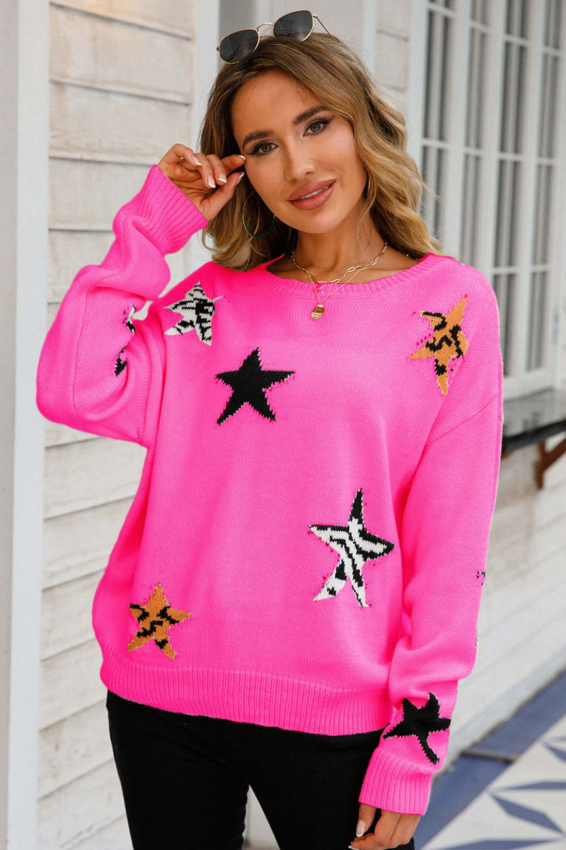 Star Pattern Round Neck Dropped Shoulder Sweater