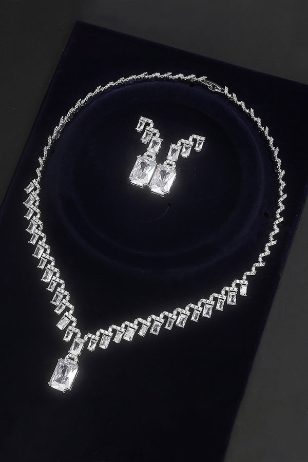 18k Platinum-Plated Cubic Zirconia Necklace and Drop Earrings Set