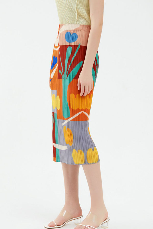 Printed Elastic Waist Accordion Pleated Skirt