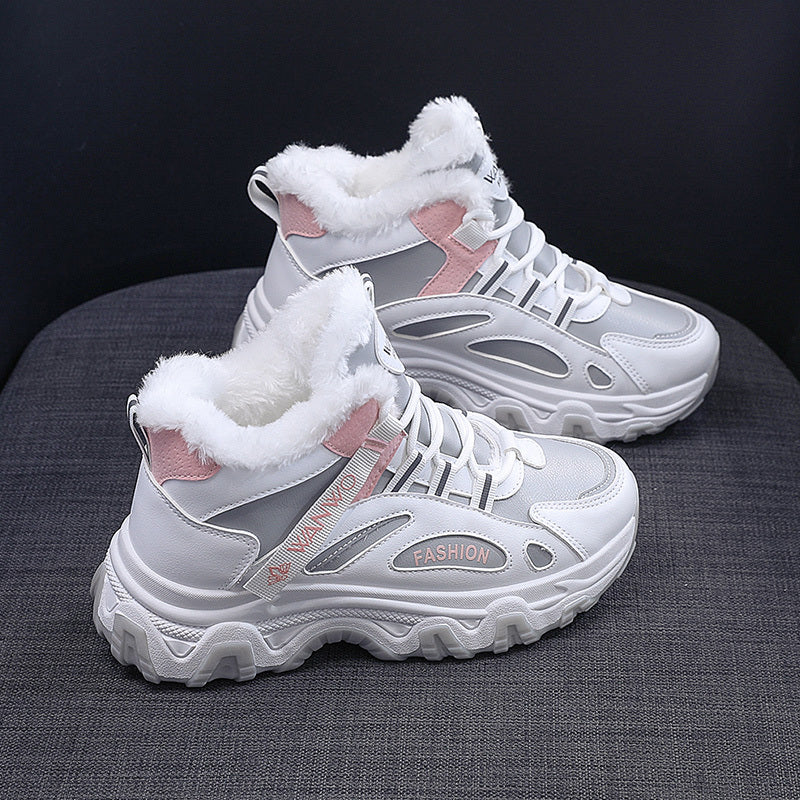 Women's Casual Sneakers, Color-block Thick Sole Chunky Sneakers, Warm Plush Lined Anti-slip Running Shoes