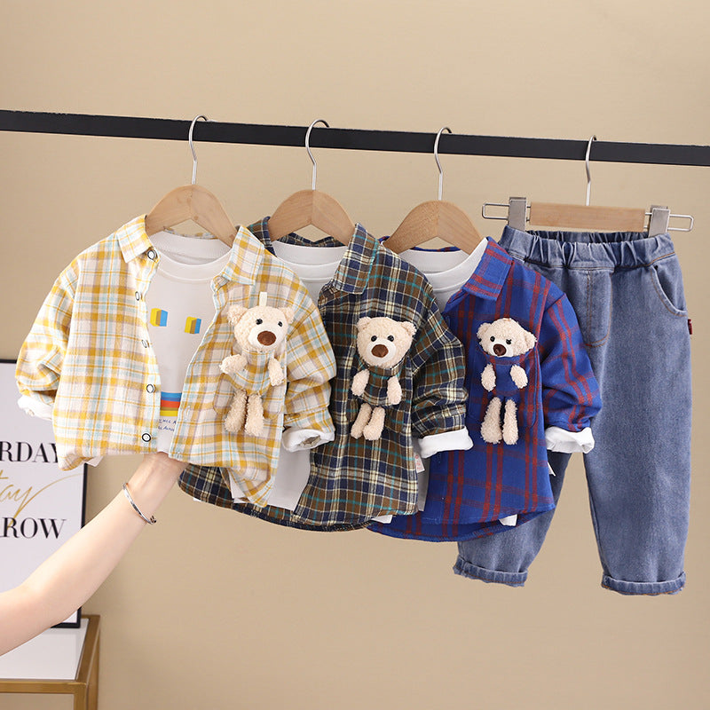 Boys Suit Casual New Trendy Children's Western Style Casual Plaid Three-Piece Korean Version Baby Handsome Plaid Shirt