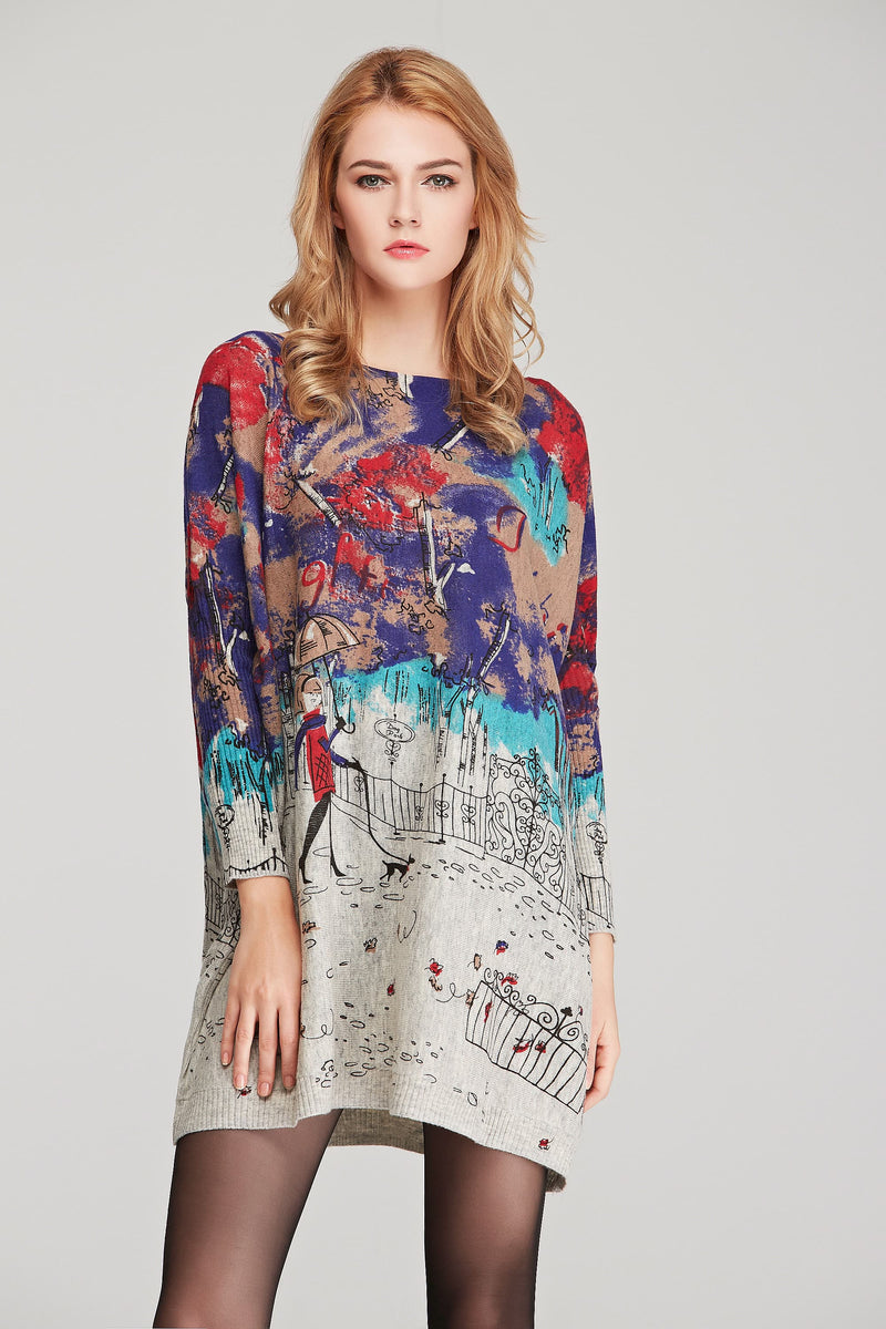 Printed Round Neck Longline Knit Top