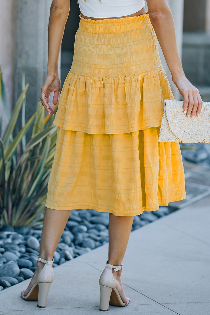 Textured Elastic Waist Layered Midi Skirt