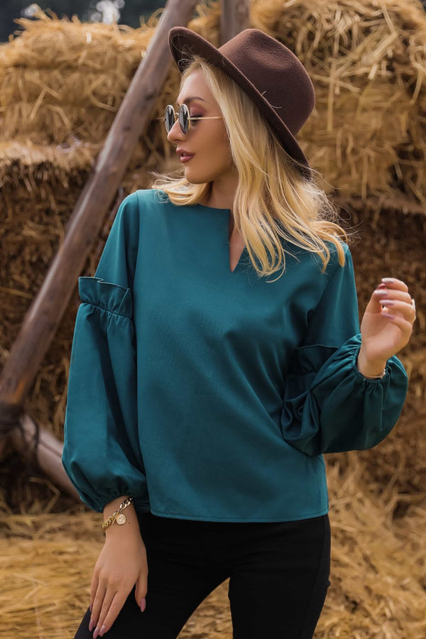 Ruffled Balloon Sleeve Notched Neck Blouse