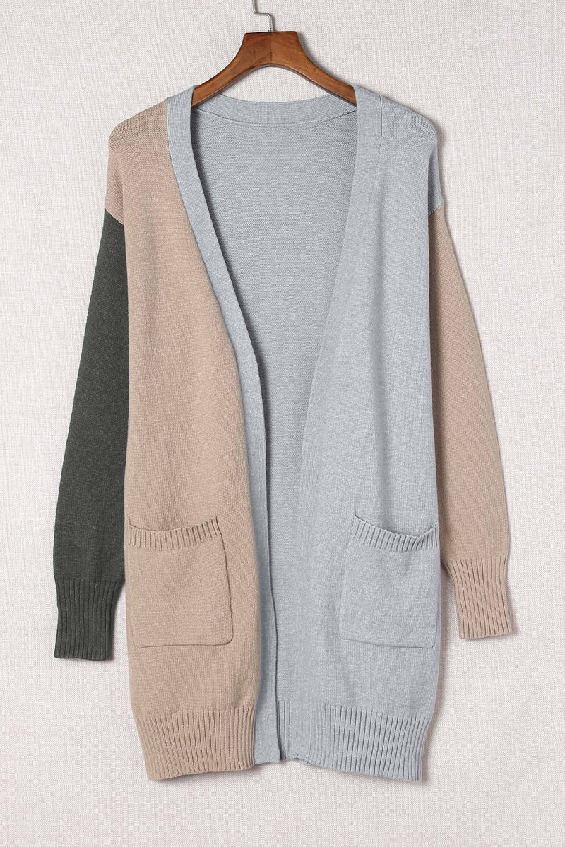 Color Block Open Front Ribbed Trim Cardigan with Pockets