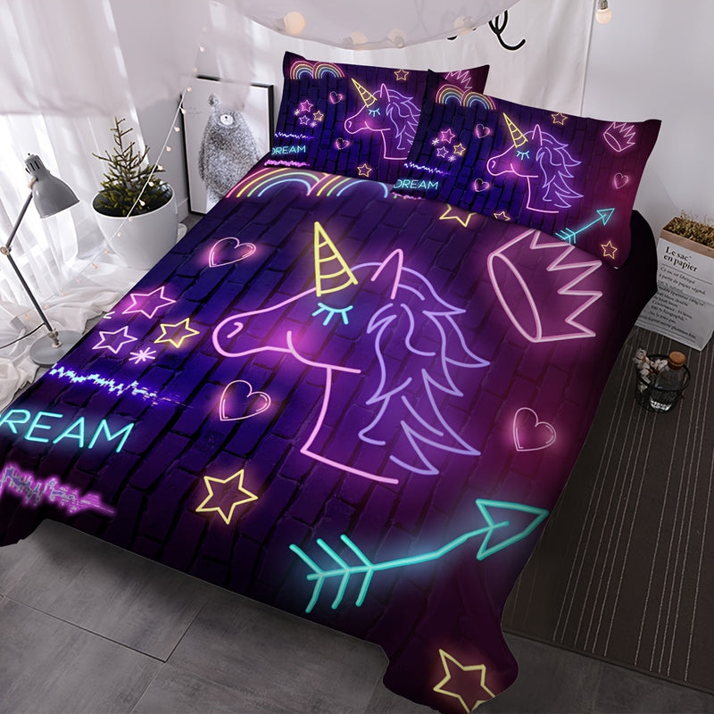 3pcs Purple Unicorn Duvet Cover Set With Matching Pillowcase, Colorful Neon Light Crown Pattern Bedding