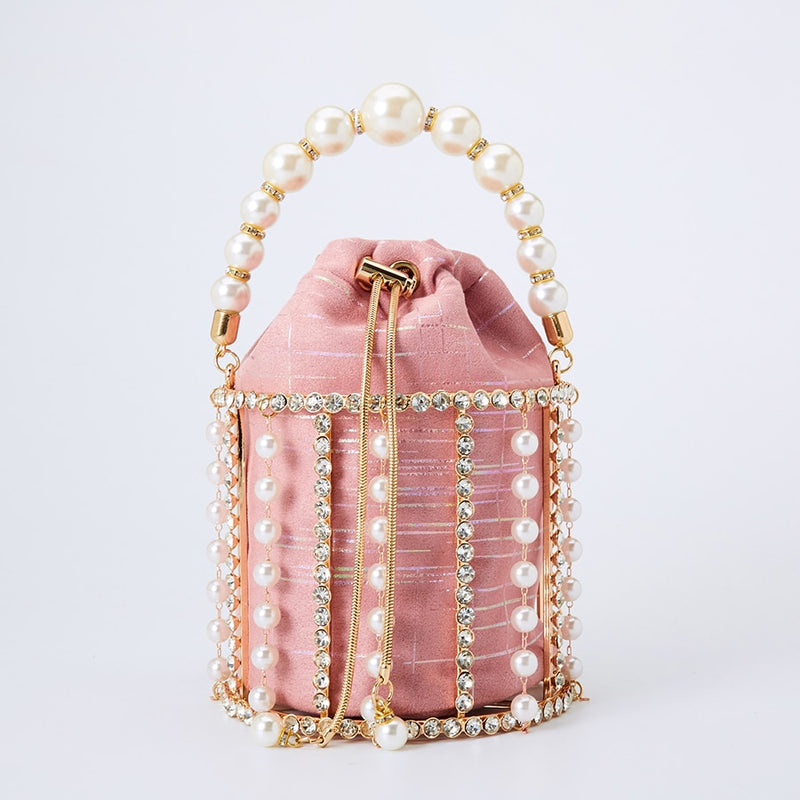 Rhinestone Evening Pearl Clutch Bag Women Luxury Handmade Diamond Beaded Bucket Purses and Handbags Bridal Wedding Party Sweet