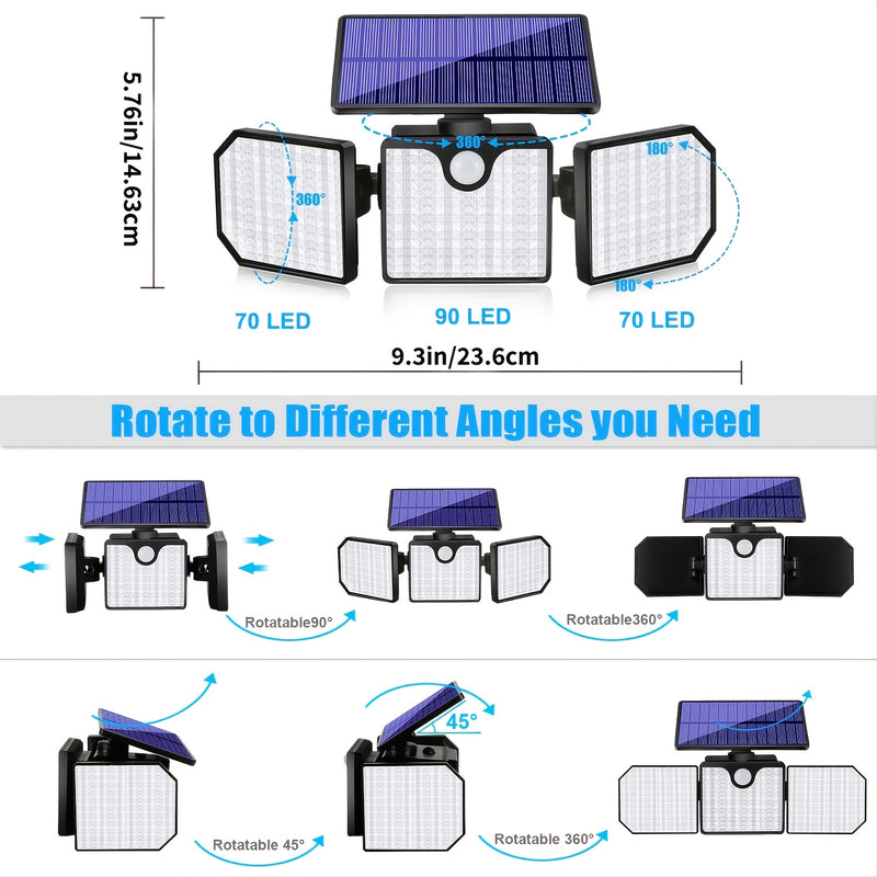 1pc/2pcs 230 LED 2200LM Led Solar Motion Sensor Light, Outdoor 3 Adjustable Heads Security LED Flood Light