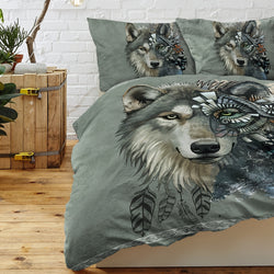 Moonpalace 3pcs Wolves Couple Bedding Set, 3D Print White Wolf Duvet Cover, Tribal Animal Galaxy Bed Set, Heart Dreamcatcher Bedspread (Including 1 Duvet Cove + 2 Pillow Shams)