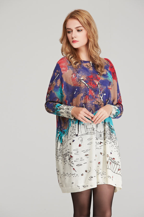 Printed Round Neck Longline Knit Top