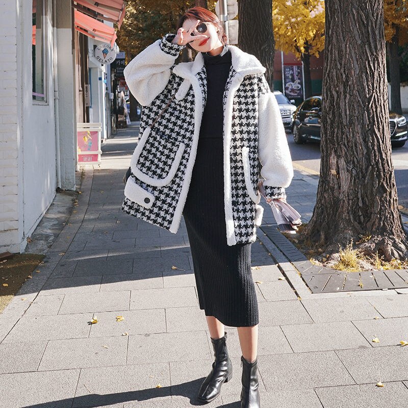 Houndstooth Coat Women's Short Woolen Autumn And Winter New Korean Version Thickened Wild Lamb Wool Coat