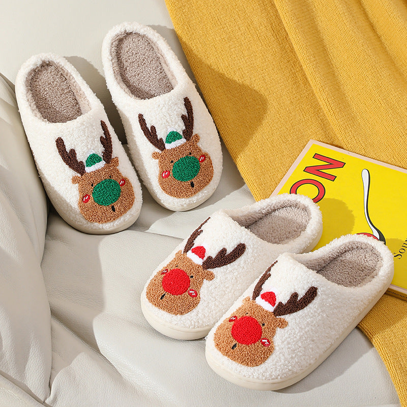 Christmas Elk Cotton Slippers for Women Autumn and Winter Home Couples Warmth Home Fur Slippers