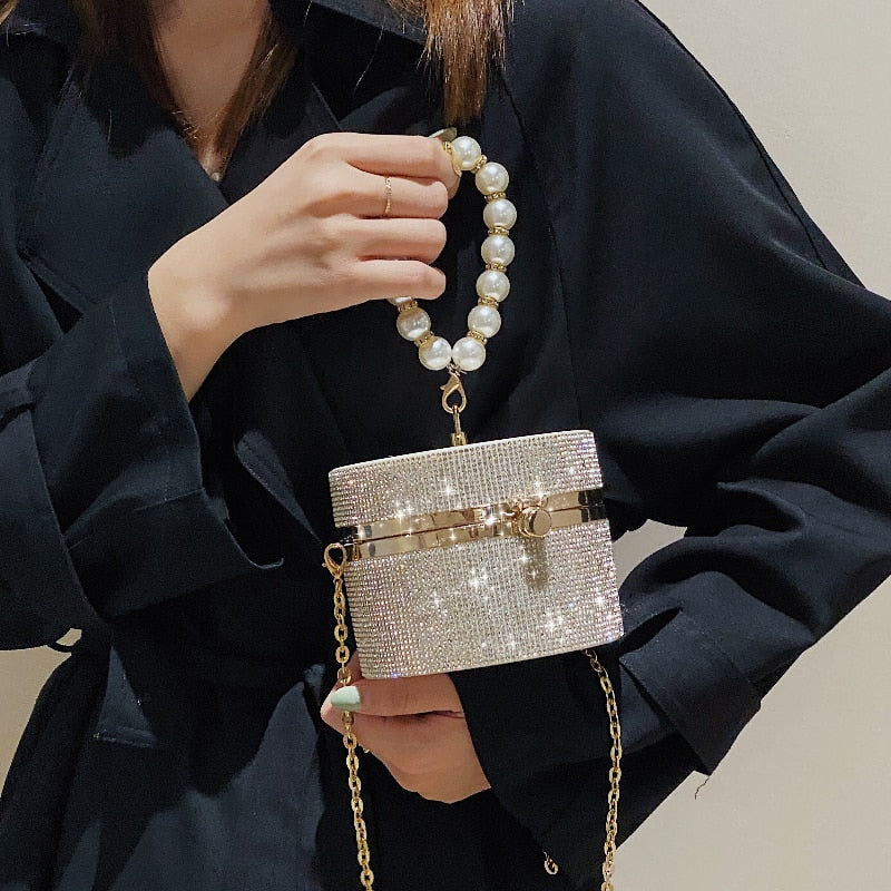 Diamond Acrylic Round Party Clutch Evening Bag for Women Pearl Handles Female Purses and Handbags Small Shoulder Crossbody Bag