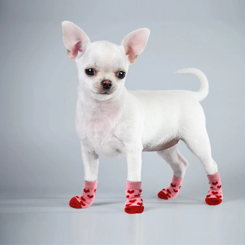 4pcs/set Dog Shoes Lovely Warm Dog Socks Winter Anti-Slip Knit Socks Cartoon Print Cats Dogs Boots Winter Pet Warm Supplies