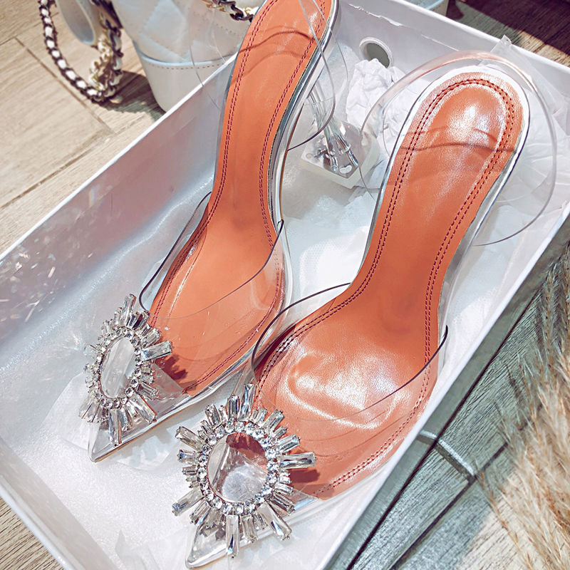 Women Pumps Elegant Pointed Toe Rhinestones High Heels Wedding Shoes Crystal Clear Heeled Slingback Pumps Sandals Sexy Heels
