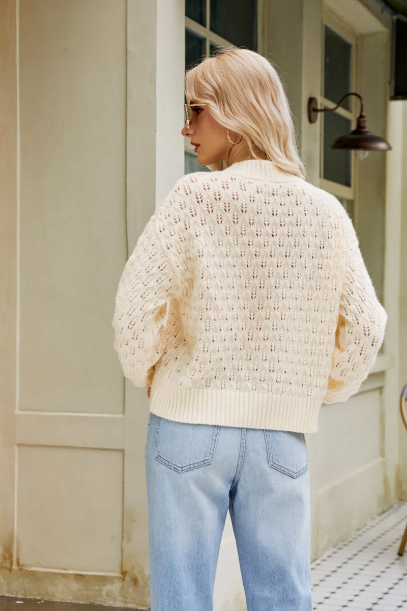 Ribbed Trim Openwork Crewneck Sweater