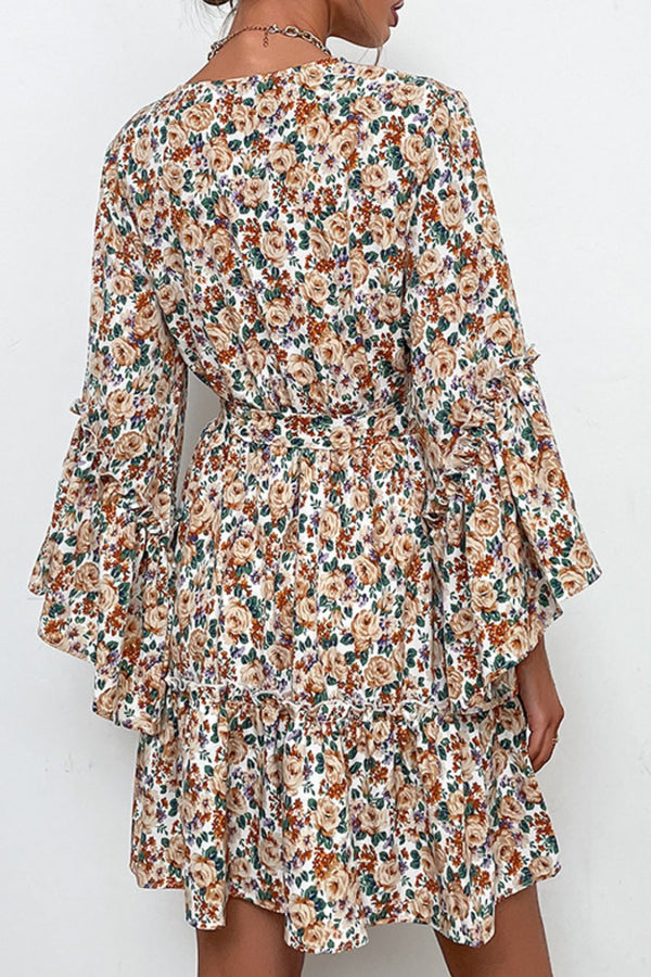 Floral Belted Flare Sleeve V-Neck Dress