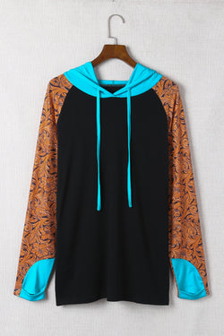 Plus Size Baroque Print Color Block Hoodie