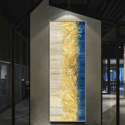 Large Abstract Golden Canvas Blue Landscape