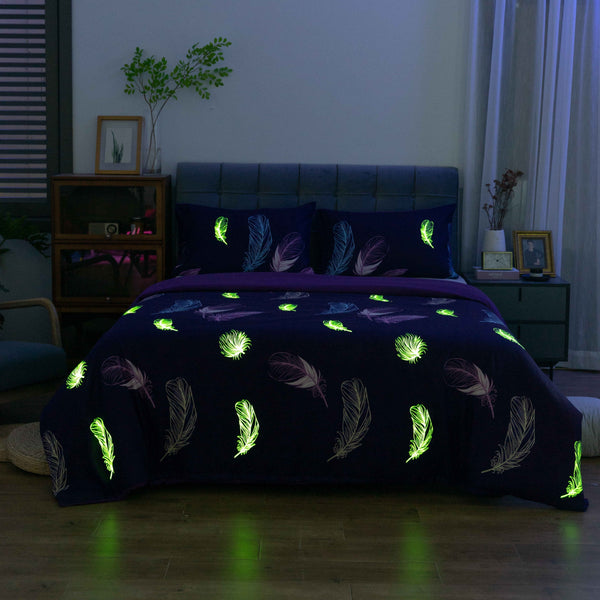 3pcs Luminous Duvet Cover & Pillowcase, Microfiber Blue Butterfly & Purple Feather Bedding For Kids Room