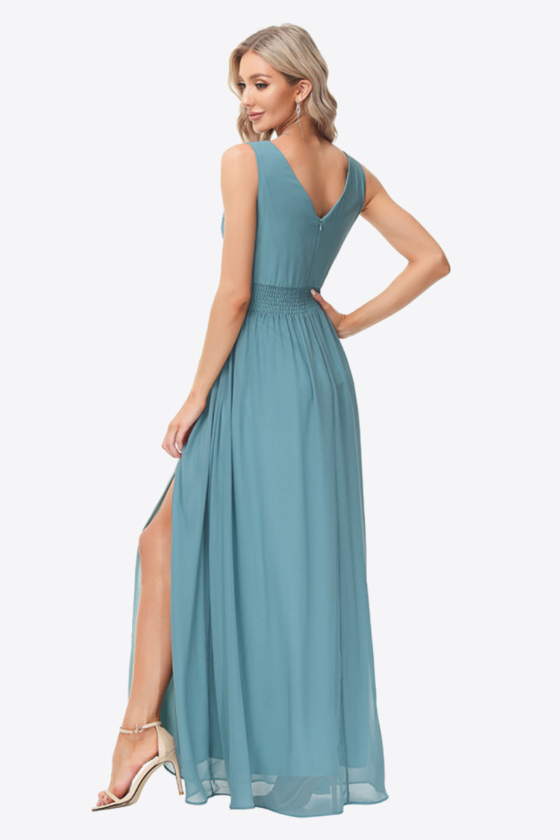 Empire Waist Split Surplice Sleeveless Formal Dress