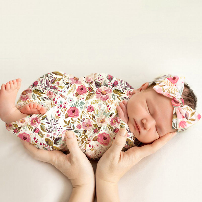 Newborn Photography Wrap Bow Hair Band Wrap Towel Set Baby Flower Blanket 2 Piece Set